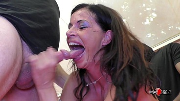 Tattoo babe + milf in hot creampie gangbang action