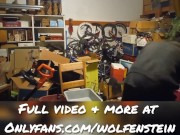 Hot Bodybuilder Lifting Weights Nude Curling 110 lbs in the garage soft cock