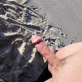 Stroking big thick hard veiny mushroom head outdoor beach cock