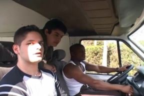 Threesome on moving van