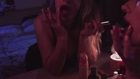 Watch me bang my horny stepsister while she uses her lipstick and playes with her dildo