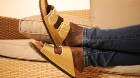 Golden Slides & Sheer Nylon – Slow Dangling in Warm Light