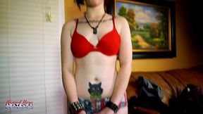 Tattooed brunette Marcie deepthroats then gets a wild doggystyle pounding