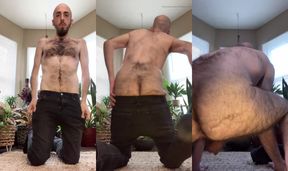 Bald blue-eyed dude getting naked and shaking my very hairy white ass with swinging uncut dick and balls