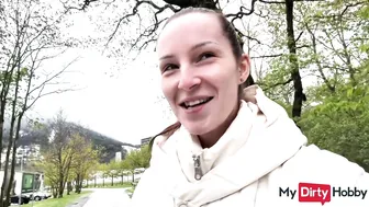 Amateur with Pierced Nipples Sucks Stranger's Cock in Public