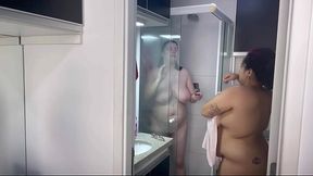 BBW Ebony and Blonde girlfriend taking a shower voyeur