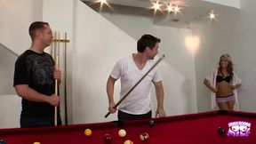 Two guys pound skinniest blonde bitch's biggest tits and eat her cunt