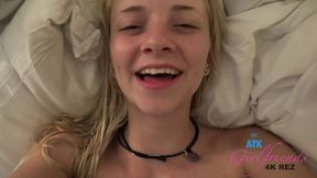 Golden-haired beauty enjoys deep penetration and manual pleasure from behind