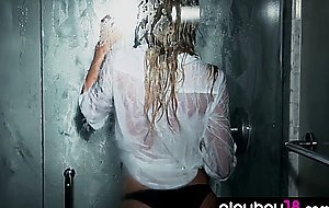 Busty blonde babe Traci Danee stripping and teasing in the shower