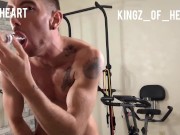 King Heart cums in a cup and drinks it after a workout