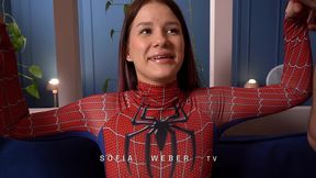 full uncut spiderman cosplay threesome, teen in a superhero suit takes two cocks in one pussy