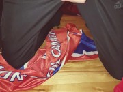 Cumming through Adidas track pants