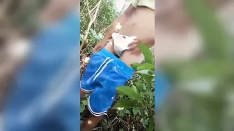 Asian twink masturbates his big cock in the woods