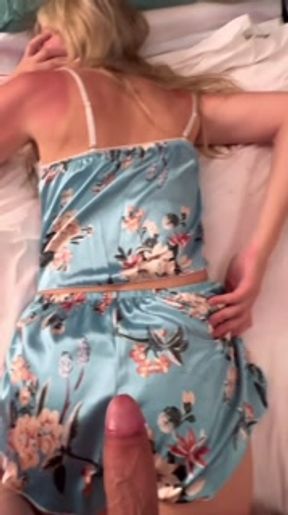 Bedtime MILF in satin pajamas gets a welcome surprise