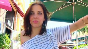 Pretty brunette gets seducted on public and sucks cock