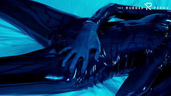 Tied up rubber girl in catsuit fucking herself