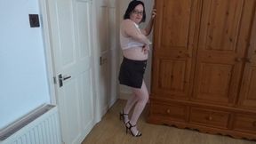 sexy Brunette secretary Haley long legs in high heels Bouncing big breasts