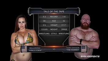 Busty redhead milf Bella Rossi wrestles Thor in a nude sex match