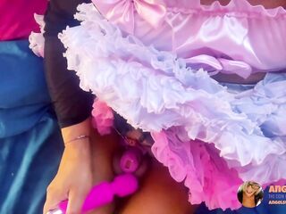 girl ebony wanks her caged clitty with a wand