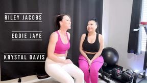Two hot MILFs show off their bodies during a bottomless workout