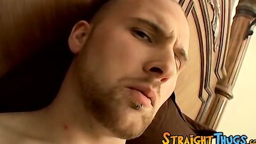 Tattooed straight thug alone strokes his stick and cumshots
