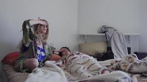 caring stepmom rides her sick stepson to help him feel better