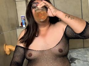 Thick Crossdresser Banging Dildo and Piss Drink