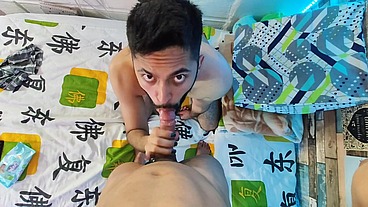 Sucking Fabian Madrid's tasty uncut cock until he cums and fills my mouth