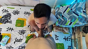 Sucking Fabian Madrid's tasty uncut cock until he cums and fills my mouth