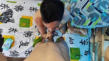 Sucking Fabian Madrid's tasty uncut cock until he cums and fills my mouth