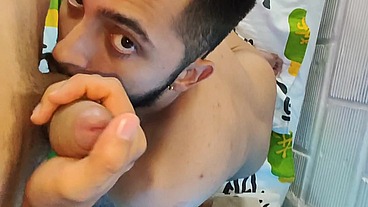 Sucking Fabian Madrid's tasty uncut cock until he cums and fills my mouth