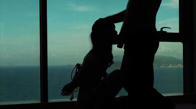 Shibari petite tied in rope bondage sucking cock with art by ocean view Baebi Hel