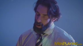 Bearded hunk Scott Carter doggy styled suited Donato Reyes in the cinema