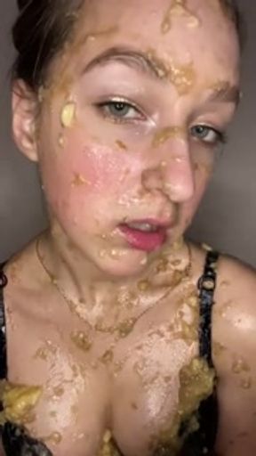 Chewed banana on my body. Banana mash on chest and face.
