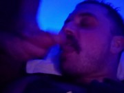Muscle cub feeds his flat mate a big load while watching television