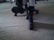 Becky putting on  socks and Harley boots