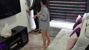 Horny Wife Sucks Delivery Guy&#039;s Dick While Her Husband Showers and Swallows All His Cum