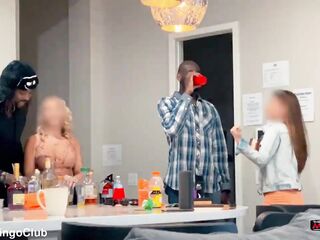 Brunette and Golden-haired Bitch Wives Getting Blacked by Basketball Players as Their Cuck Hubbies Film and Watch