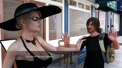 Mature animated figures in black explore a surreal world in this 3D cartoon episode