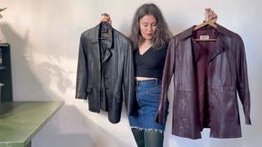 she will try two diffrent leather jackets