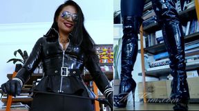 Mistress Kim Edges You In Her Best Sunday Latex Suit