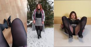 Crossdresser Rips Pantyhose Cums Gushing in Snowy Boots Orgasm