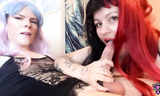pretty friend licks gigantic shemale rod titjob cumshot