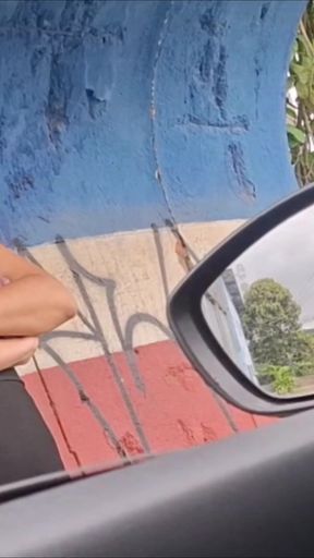 Risky handjob in the car for hottie at the bus stop in public!   Clip 1