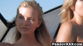 Golden-haired duo teases with large tits and dripping pussies in outdoor solo play