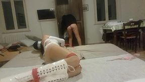 blowjob bound on a bed, wearing platform boots and pantyhose, you can see my beautiful ass and legs