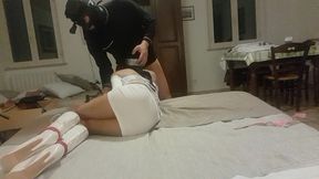 blowjob bound on a bed, wearing platform boots and pantyhose, you can see my beautiful ass and legs