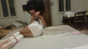 blowjob bound on a bed, wearing platform boots and pantyhose, you can see my beautiful ass and legs