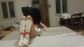 blowjob bound on a bed, wearing platform boots and pantyhose, you can see my beautiful ass and legs