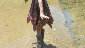 *NEW* Fifi walking around and splashing in the creek in her tall grey leather boots to see how long she can keep her feet dry